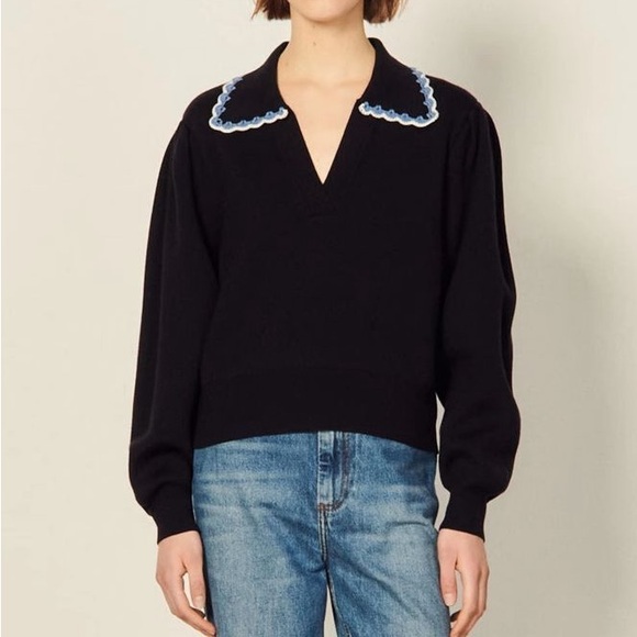 Sandro Sweaters - Sandro embroidery v neck sweater Black Sweater with Blue Trim